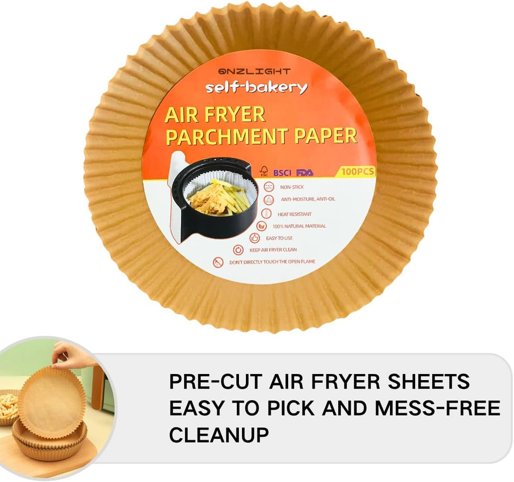 Skiennix Air Fryer Paper Liners - 100PCS Natural Parchment, Oil-Proof & Food Grade, 6.3 Inch Round