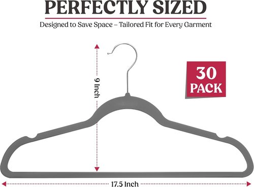 LDC Grey Velvet Hangers 30 Pack - Premium Non-Slip Felt Coat & Pants Hangers - Heavy Duty 360° Swivel Hook