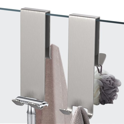 Shower Door Hook, Extended Length Double-Sided Hook for Frameless Shower Doors (7 Inch), Heavy-Duty Stainless Steel Hook for Bathrobes and Towels, No Drilling or Adhesive Required, 2-Pack, Silver