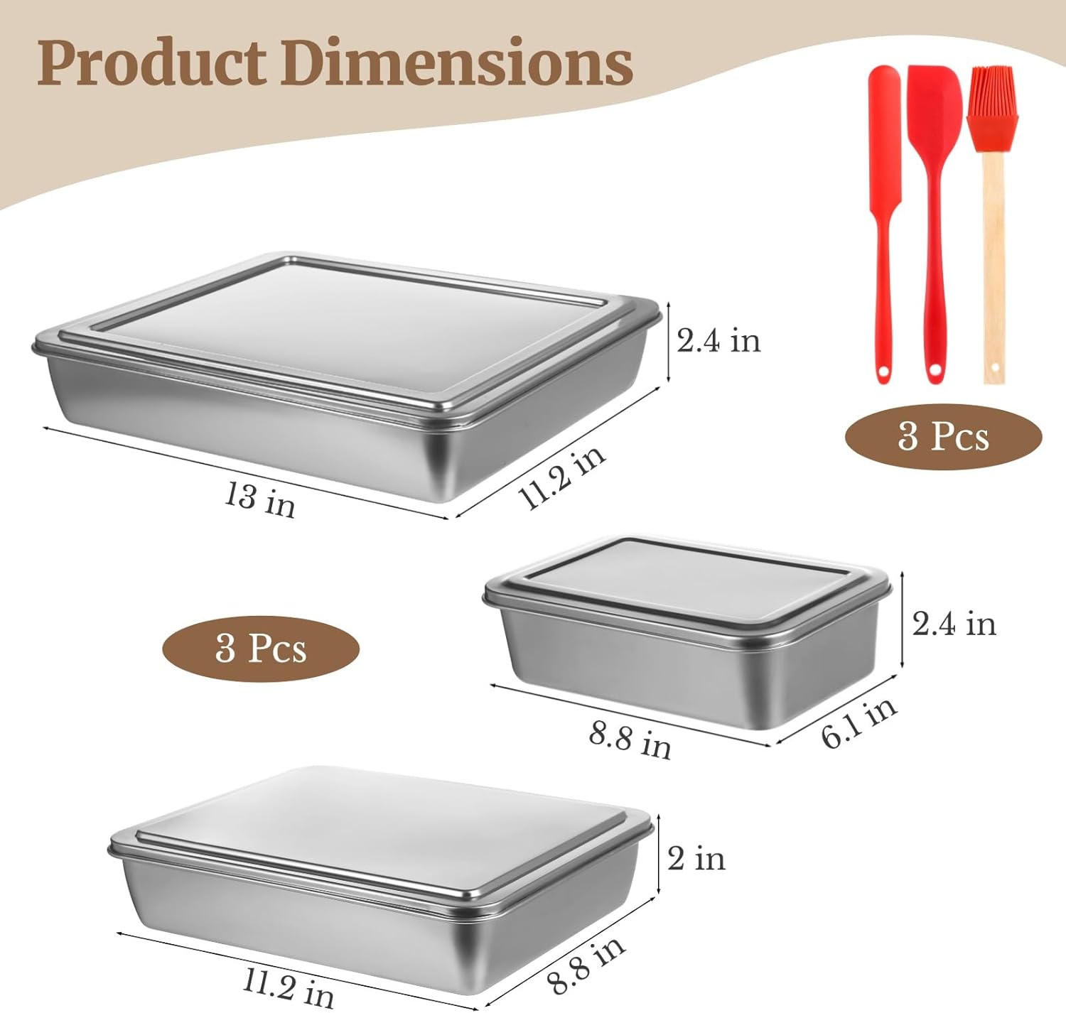 Skiennix Stainless Steel Cake Pan Set - Non-Stick Baking Pans with Lids | 13, 11, 9 Inch Sizes