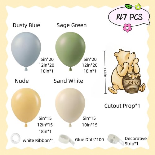 Classic Winnie Cutouts and Green Balloons Arch Kit Set Pastel Balloons for Pooh Baby Shower Decorations Birthday Party Supplies