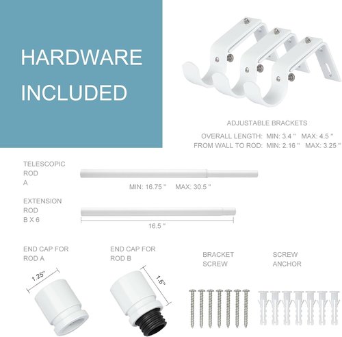 Byondeth Curtain Rods - Adjustable 16 to 120 Inches | 1 Inch Diameter, White with Aluminium End Caps