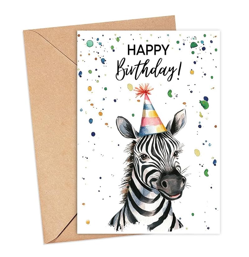 Zebra Birthday Card with Party Hat - 5x7 Blank Greeting Card
