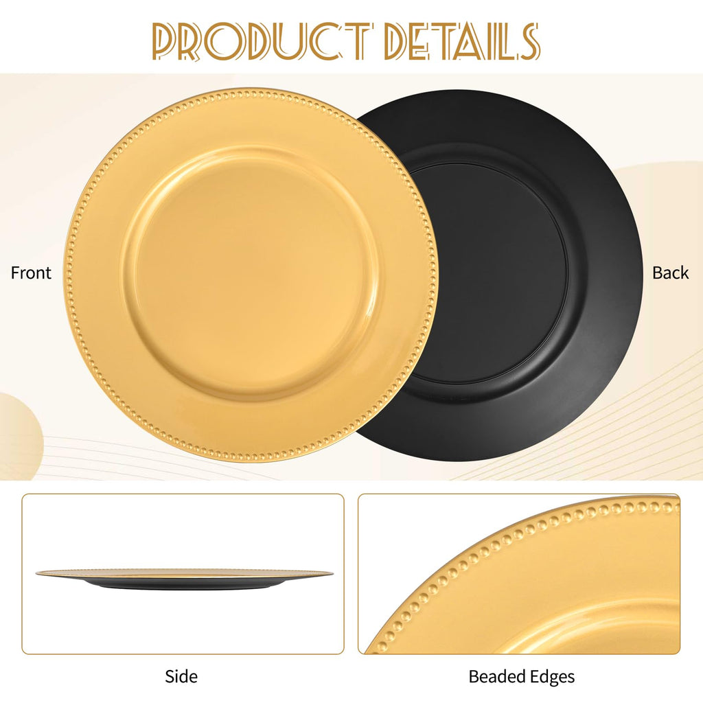 YJYQHYX 24 Pack Gold Charger Plates 13" Plastic Round Charger Plates Dinner Plate With Beaded for Wedding Table Dinner Kitchen Easter Catering Event Party Decoration