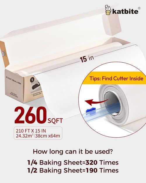 Katbite Parchment Paper Roll - Heavy Duty Non-Stick Baking Paper | 2 Pack, 15 in x 210 ft with Slide Cutter