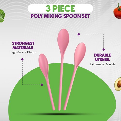 Crisp 3 Piece Poly Mixing Spoon Set - Durable Kitchenware Cooking Spoons - Kitchen Spoons - Dishwasher Safe & Mixing Stirring Spoon For Kitchen - Made in the USA - Pink