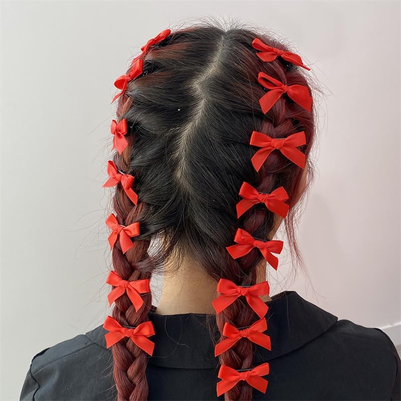 20Pcs Red Mini Bow Hair Clips Ribbon Barrettes for Women and Girls