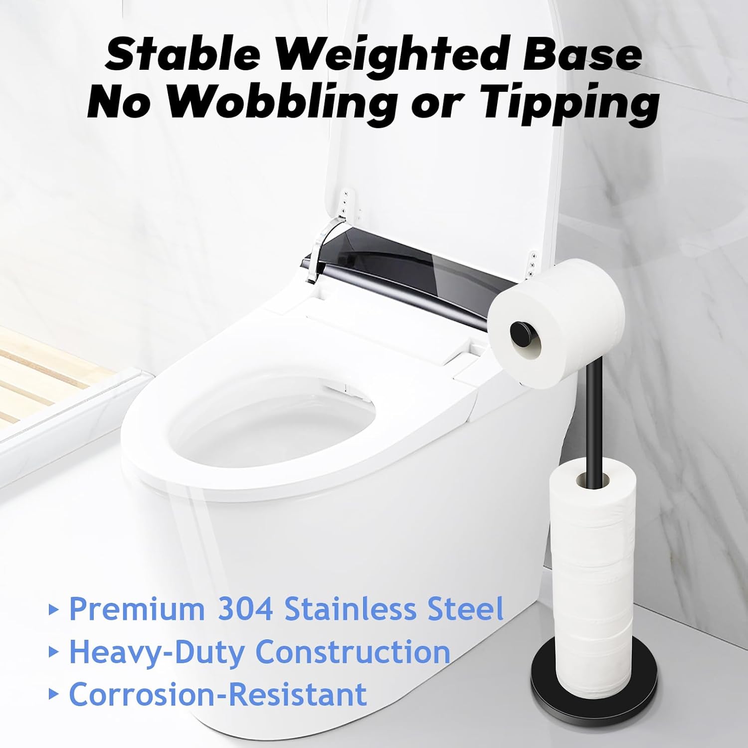 TACGEA Toilet Paper Holder Stand - Stainless Steel Free-Standing Design | Holds 4 Rolls - Black Set of 2