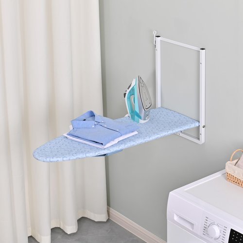 KINGBOARD Wall Mounted Ironing Board with Iron Holder, Compact Ironing Board for Small Spaces, Foldable Iron Stand Heat Resistant Cover, 36" X 12" Light Blue