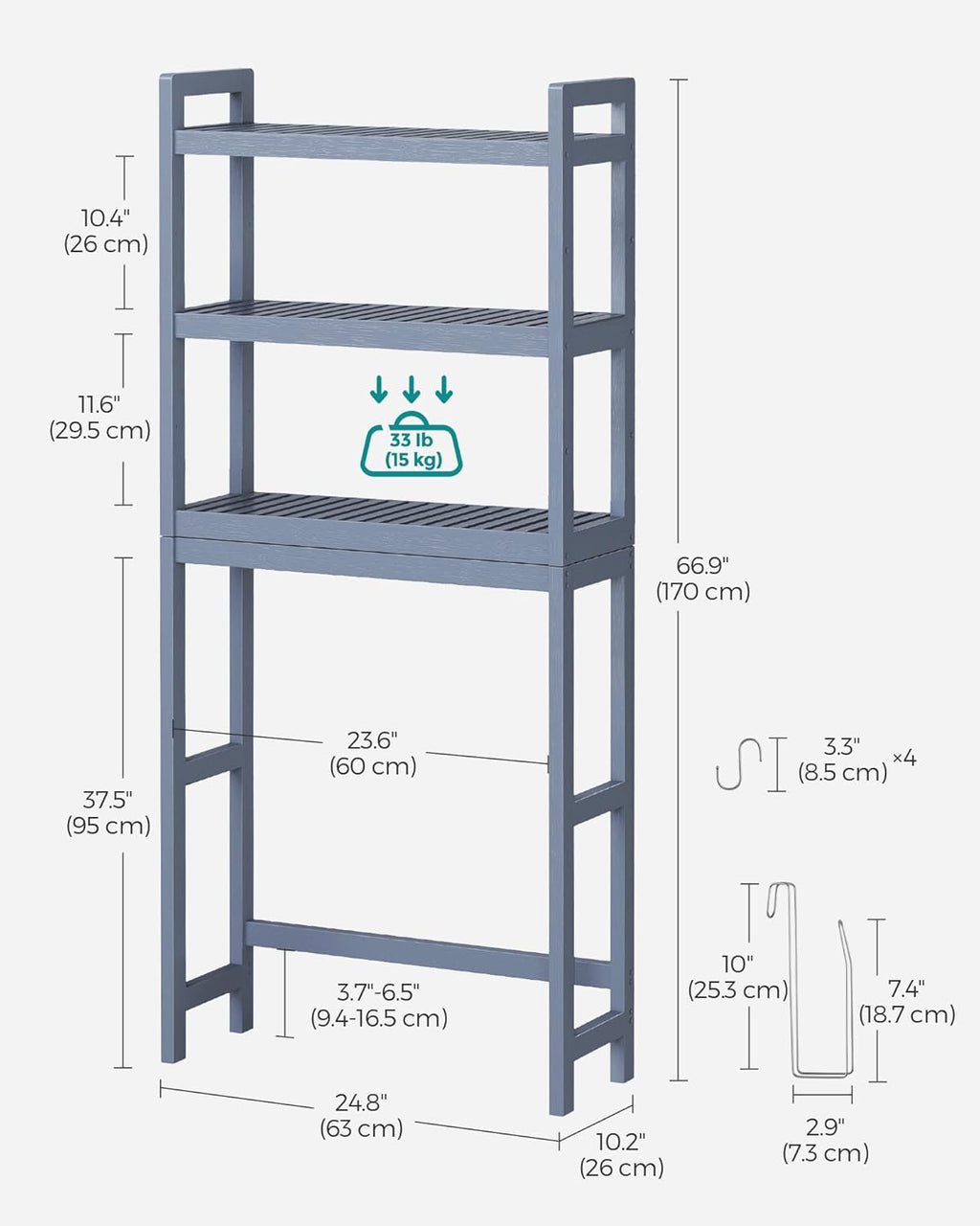 SONGMICS Over The Toilet Bathroom Organizer - 3-Tier Adjustable Shelf, Space-Saving Design, Gray, 10.2 x 24.8 x 66.9 Inches