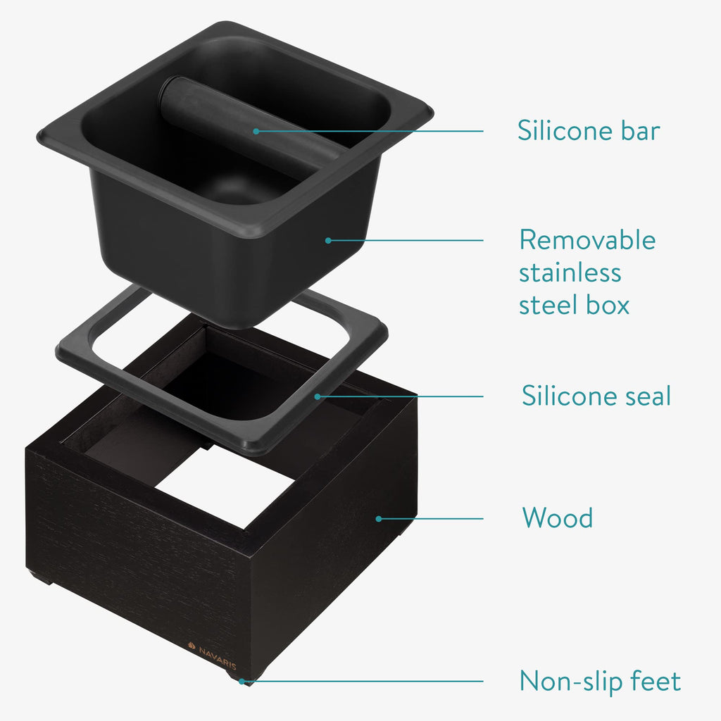 Navaris Coffee Knock Box - Stainless Steel and Wood Bin for Espresso Machine Coffee Grounds - With Silicone Bar for Knocking Filter Grinds - Black