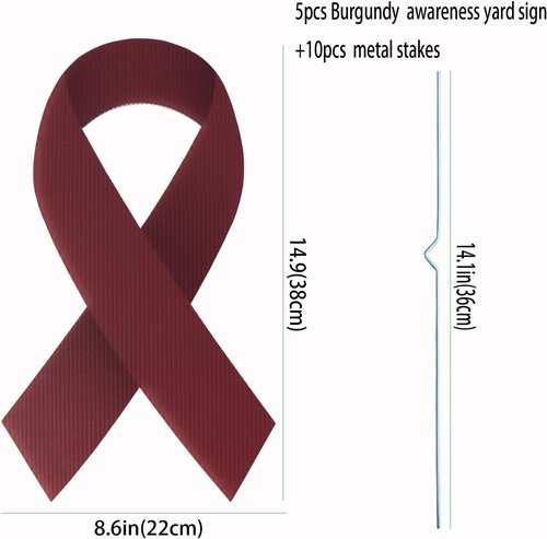 Large Ribbon Awareness Yard Sign - Waterproof Health Awareness Lawn Stake with Metal Stakes | Burgundy