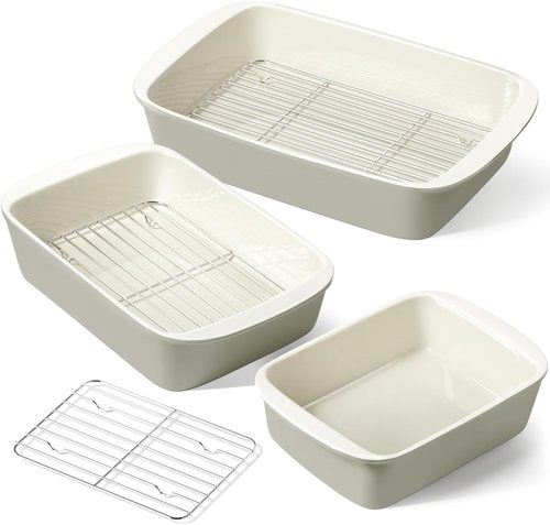 LE TAUCI Deep Casserole Dishes Set - 3-Piece Ceramic Baking Dish Set with Roasting Racks | Oatmeal Greige, Large Size