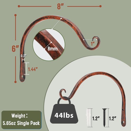 Feed Garden 8-Inch Decorative Hanging Plant Brackets - 2 Pack Wall Hooks for Outdoor Use | Antique Bronze