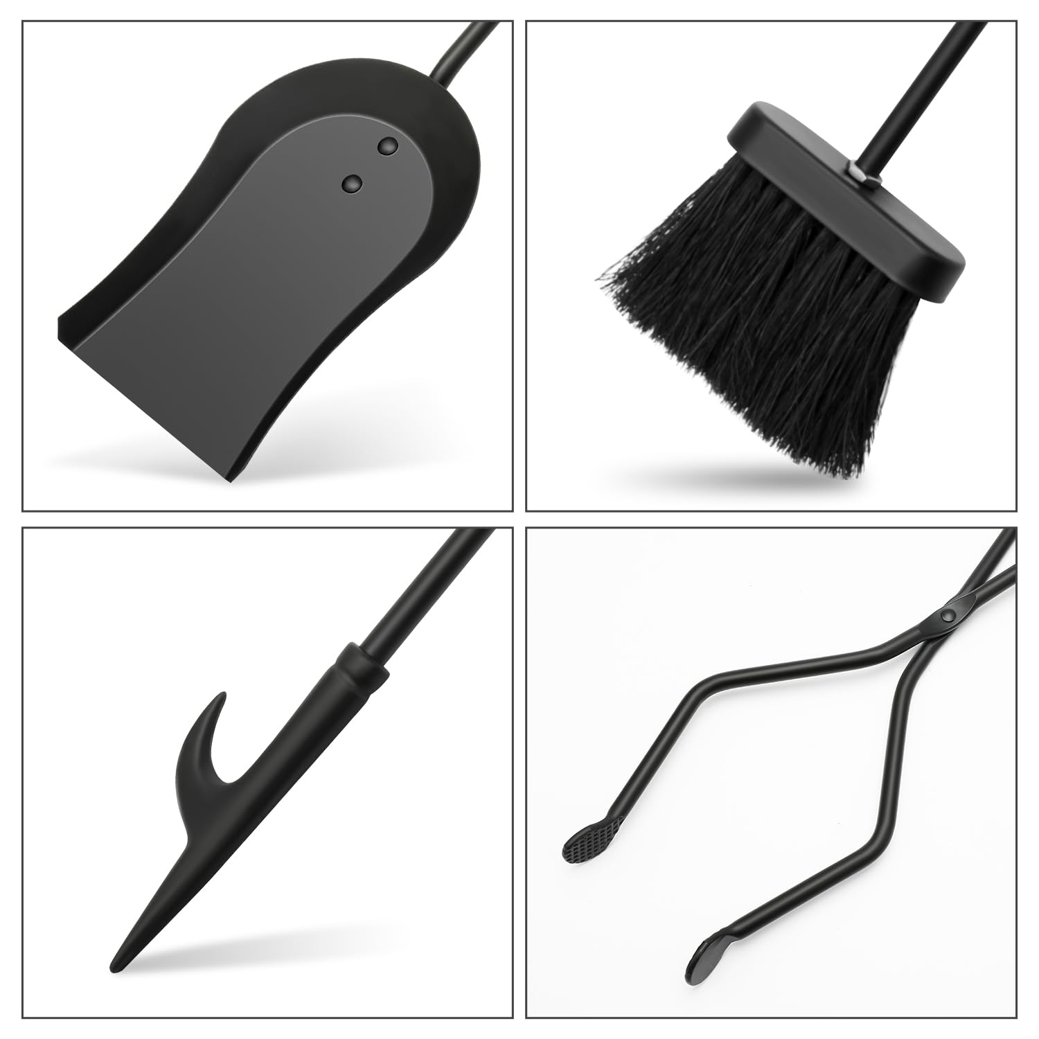 Nouetele Fireplace Tools Set 5-Piece - Heavy Duty Cast Iron Fire Place Tool Set with Stand, 31-Inch Stable Base, Includes Poker, Shovel, Brush & Tongs for Indoor Outdoor Wood Stove & Hearth, Black