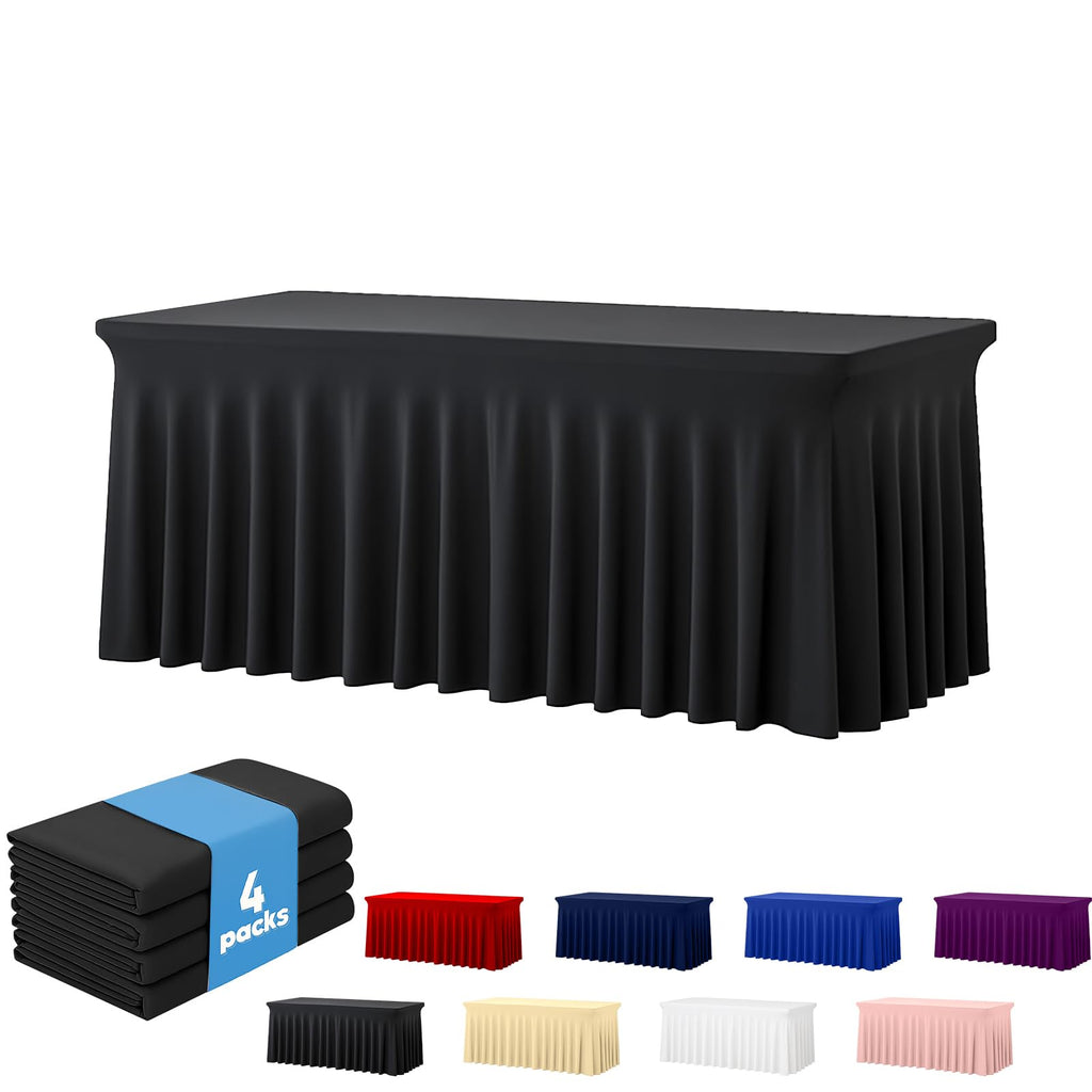 Deep Dream 4 Pack Black Spandex Fitted Tableclothes for 6 Foot Rectangle Tables, Wrinkle Free 6FT Fitted Table Cover, Stretch Tablecloth Table Skirt for Party, Banquet, Wedding and Events