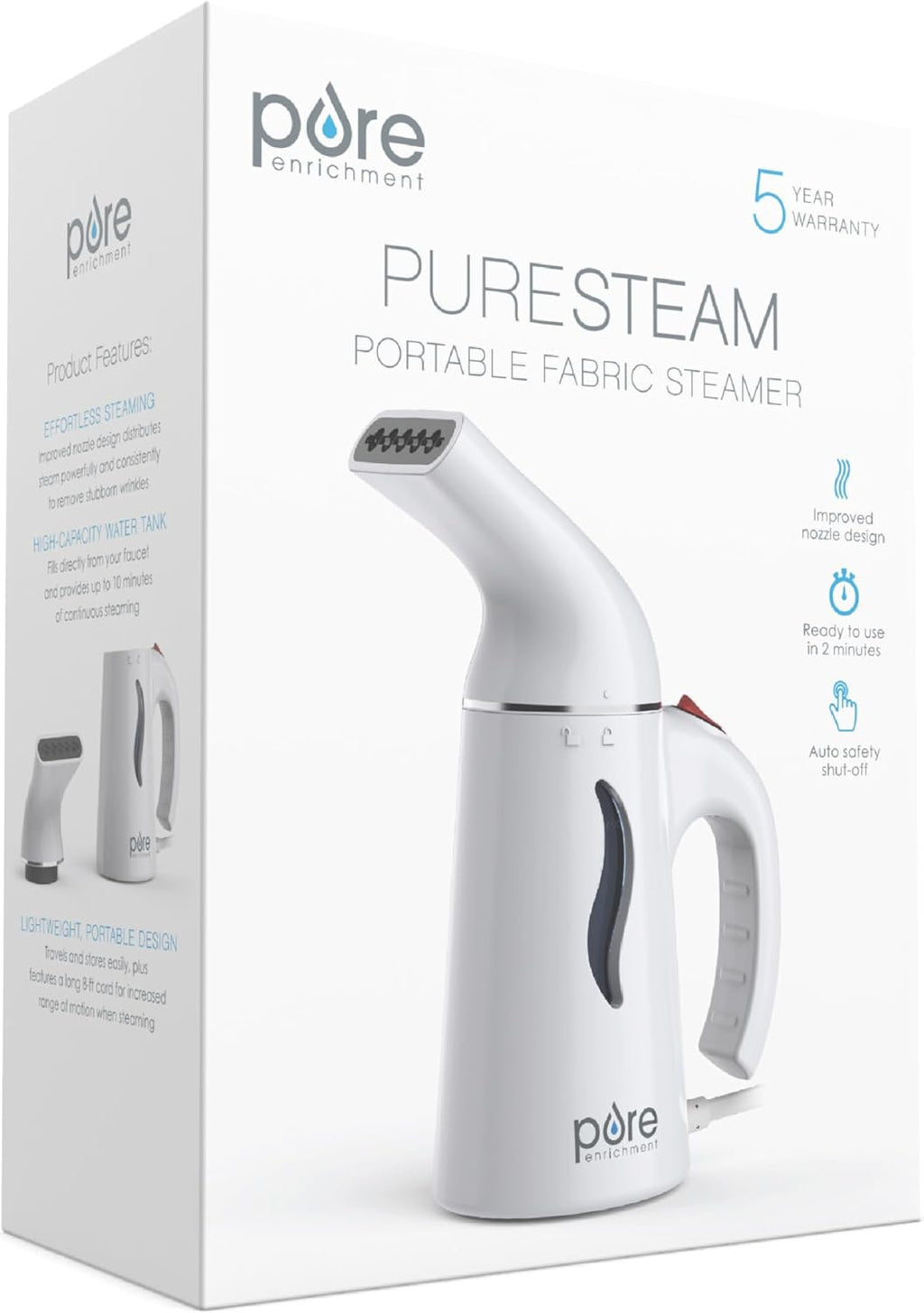 Pure Enrichment Portable Fabric Steamer - Fast-Heating Handheld Travel Steamer for All Fabrics | Lightweight & Safe (White)