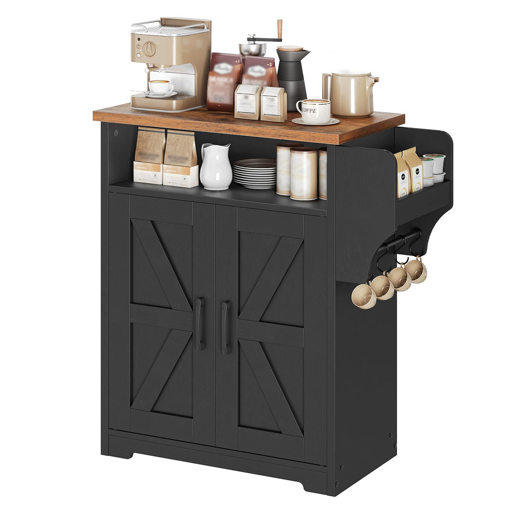 YATINEY Coffee Bar Cabinet, Kitchen Island with Storage, Farmhouse Sideboard Buffet Cabinet with Dual-Purpose Floating Shelf and Hooks, for Restaurant, Living Room, Rustic Brown KF22BR
