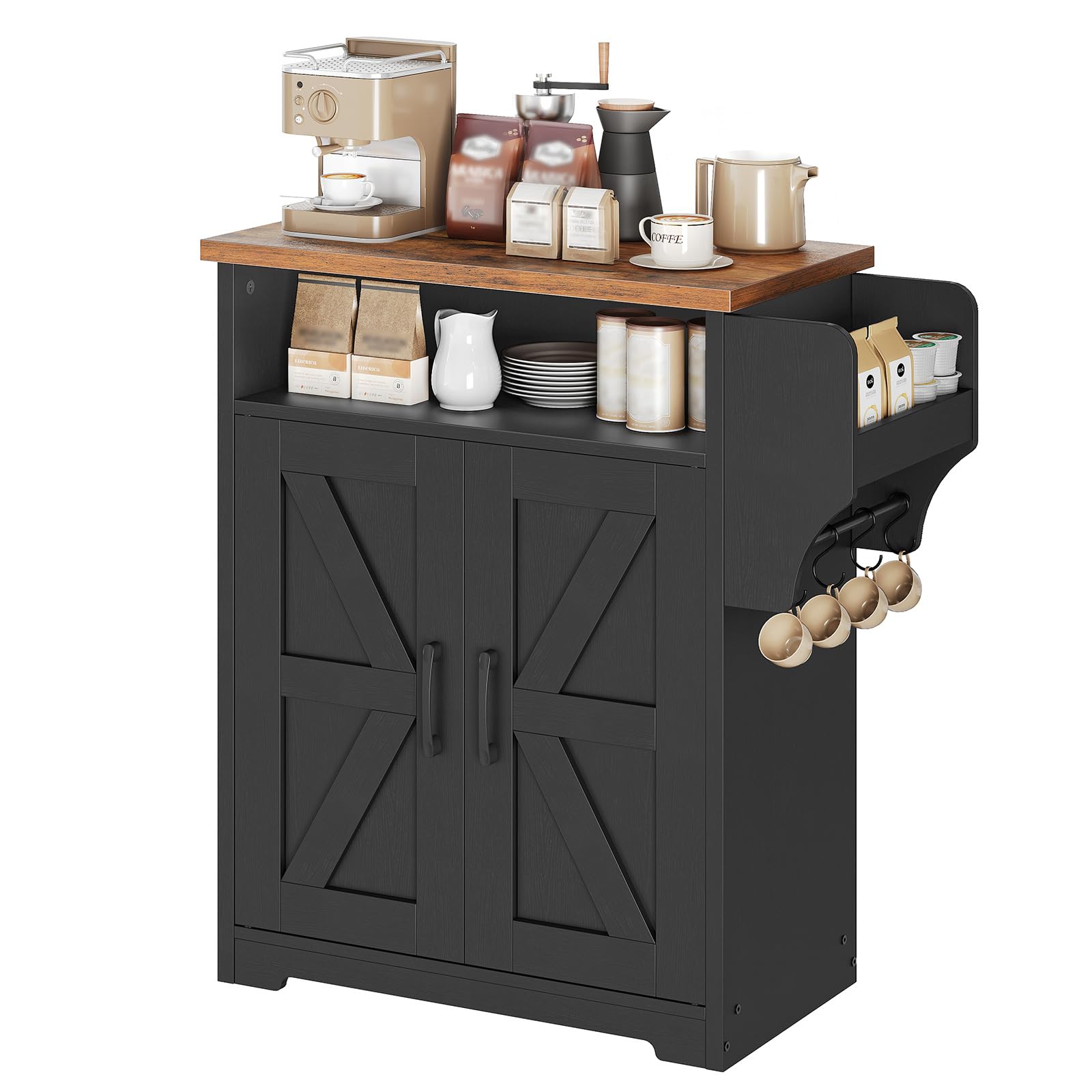 YATINEY Coffee Bar Cabinet, Kitchen Island with Storage, Farmhouse Sideboard Buffet Cabinet with Dual-Purpose Floating Shelf and Hooks, for Restaurant, Living Room, Rustic Brown KF22BR