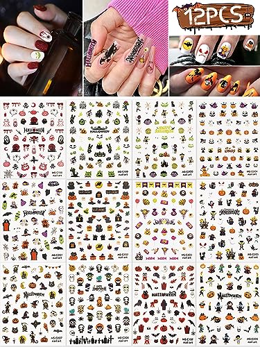 Halloween Nail Art Stickers 12 Sheets Self-Adhesive Decals Skull Pumpkin