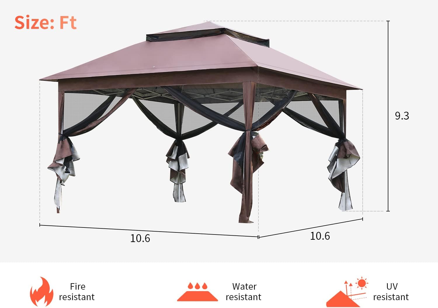 Skiennix 10'x10' Pop-Up Gazebo - Outdoor Patio Canopy with Mosquito Netting & Double Roof, Brown
