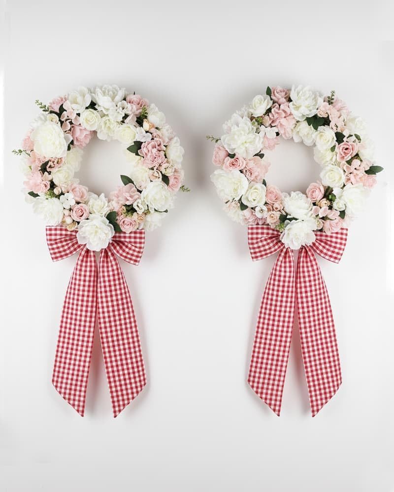Regine Switzerland Wreath Sash 2-Pack - Red White Checkered Plaid Bow Ribbon for Holiday Decor (5.12" x 54.33")