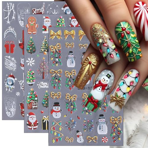 5D Embossed Christmas Nail Stickers Snowflake Bow Decals 3PCS