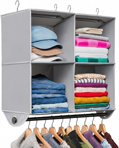 HOLDN’ STORAGE Hanging Closet Organizer - Heavy Duty 4-Shelf Unit with Garment Rod, Grey