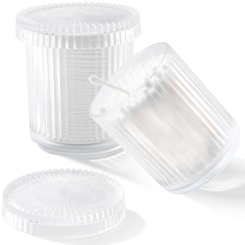 rejomiik Glass Qtip Holder Dispenser 2 Pack, Bathroom Canister Apothecary Jars with Lids, Vanity Makeup Accessories Storage Organizer for Cotton Swabs, Cotton Balls, Pads, Floss Picks, Clear