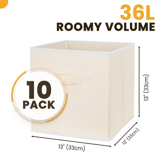Criusia Large Storage Cubes - 13-Inch Collapsible Fabric Bins with Handles for Organizing Clothes, Blankets, Toys | 10-Pack Beige