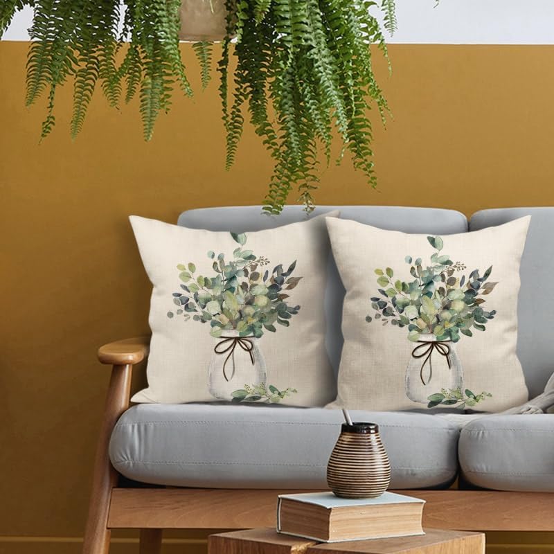 Eucalyptus Leaf Pillow Covers Set of 2 | 16x16 Inch Sage Green