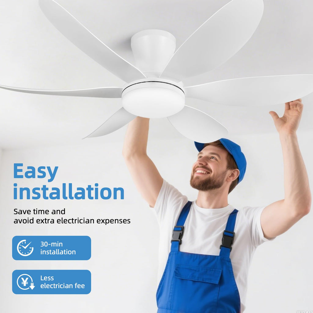 RIENAZA 42" Ceiling Fans with Lights-Low Profile Ceiling Fan with Light and Remote Control,Flush Mount,DC Reversible,LED Dimmable Modern Ceiling Fans for Bedroom,Indoor/Outdoor Patio Use(White)