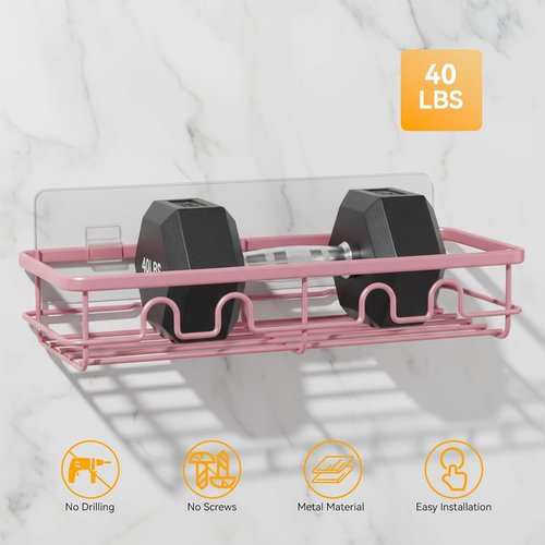 Adhesive Shower Caddy | Large Capacity No-Drill Bathroom Organizer - 2 Pack Pink Shelves for Home Decor