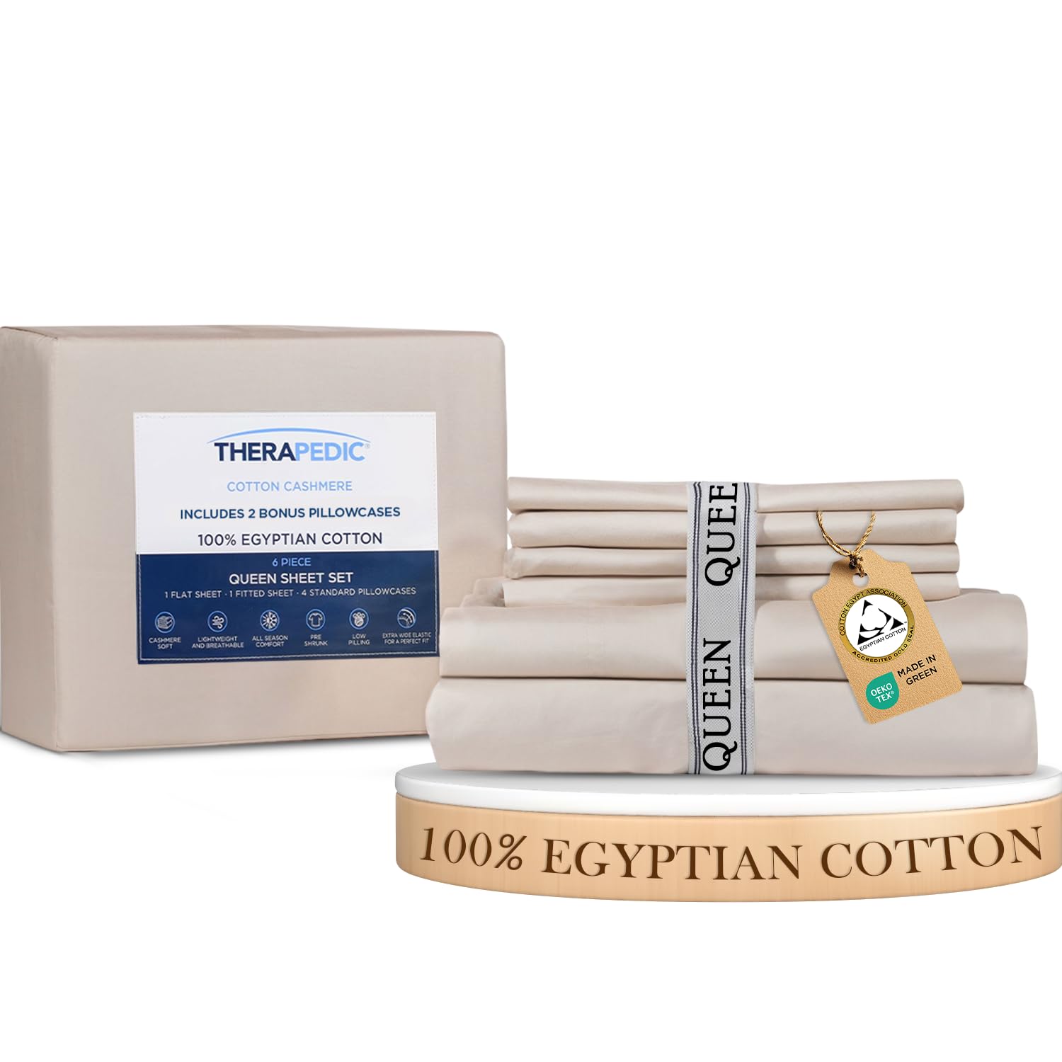 Therapedic 100% Egyptian Cotton Queen 6-Piece Sheet Set – Naturally Cooling & Breathable Sateen, Preshrunk Garment Wash, 16" Deep Pocket Fitted Sheet, Bonus Pillowcases, Soft & Durable - Fog