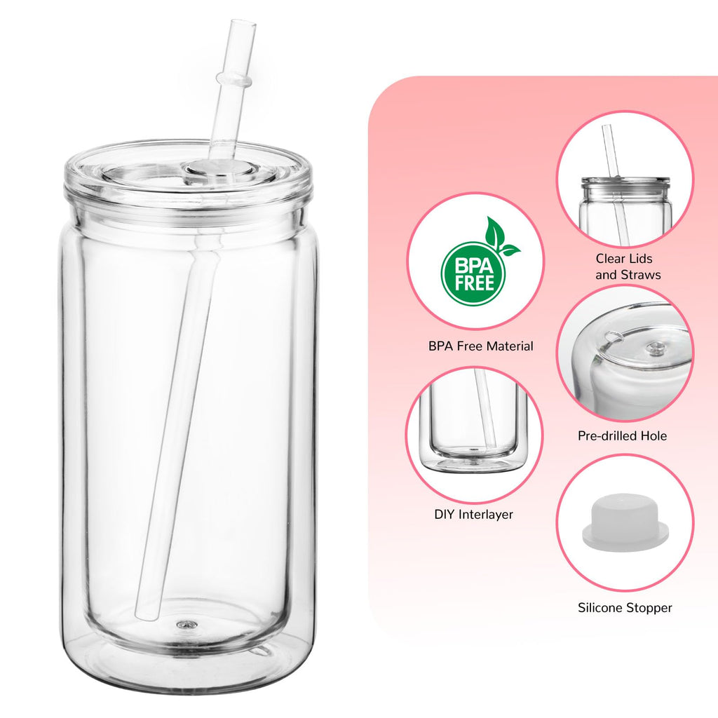 Cuguords 8 Pack 16oz Snow Globe Tumblers with Lids, Straws & Plugs, Double Wall Acrylic Plastic Snowglobe Cups, Pre-Drilled Hole DIY Glitter Tumbler Supplies, Bulk Clear Globe Cups for Party Favors