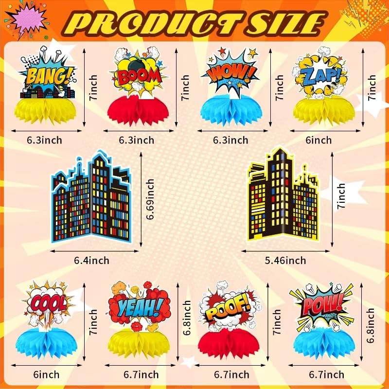 10 Pcs Hero Themed Honeycomb Centerpieces for Superhero Birthday Parties