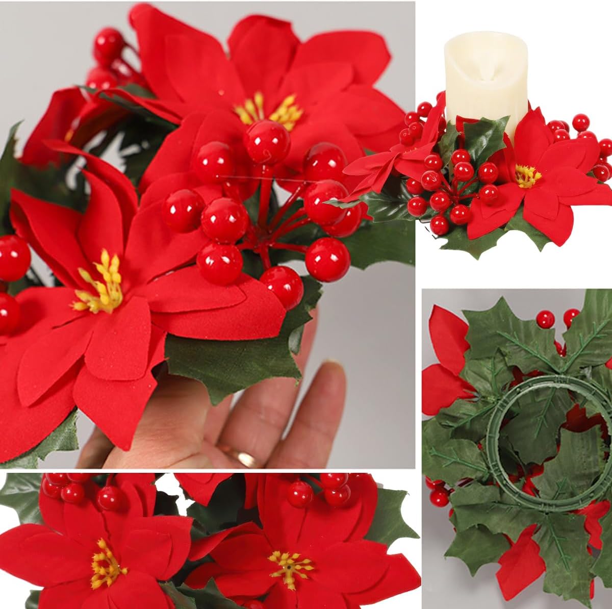 Regine Switzerland Christmas Candle Rings - Artificial Poinsettia & Red Berry Centerpieces | Holiday Decor