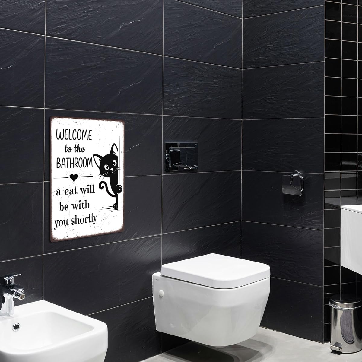 Funny Bathroom Decor – Welcome to the Bathroom A Cat Will Be With You Shortly – Black Cat Metal Tin Sign for Restroom, Toilet, or Powder Room Wall Decor, Vintage Style 8x12 Inch
