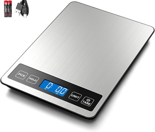 Fuzion Digital Kitchen Scale - 22lb Capacity, Rechargeable, Tempered Glass & Stainless Steel Finish