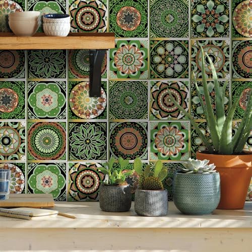 Mandala Tile Stickers 4x4IN - 24Pcs Green Peel & Stick Vinyl Tiles