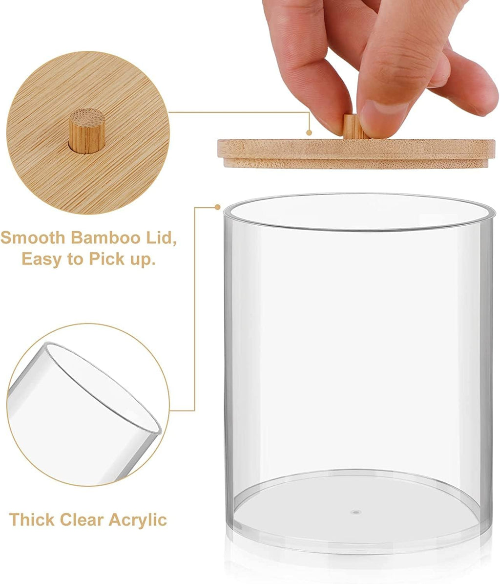 Qtip Holder Dispenser by [Brand Name] - Bamboo Lid Vanity Tray & 10 oz Clear Plastic Jar for Makeup Storage | Bathroom Accessory Set for Cotton Swabs, Balls, Pads, Floss