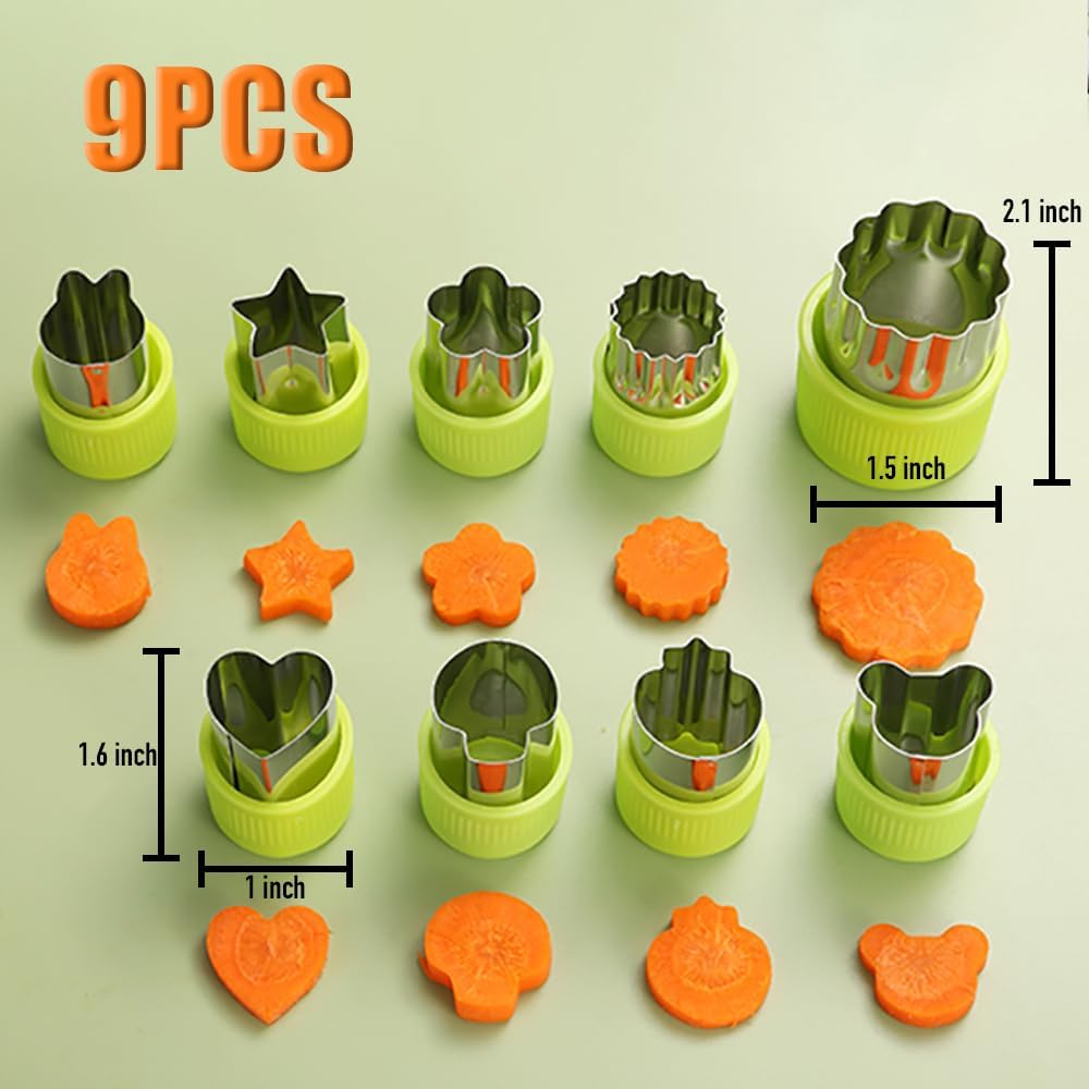 Skiennix Fruit And Vegetable Cutter Stamp Set - 9 Fun Shapes For Baking | Green Mini Pie Molds