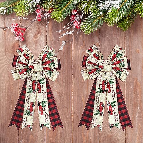 Christmas Wreath Bows with Red Truck Design - Buffalo Plaid Holiday Decor - 2 Pack - Variation: Truck