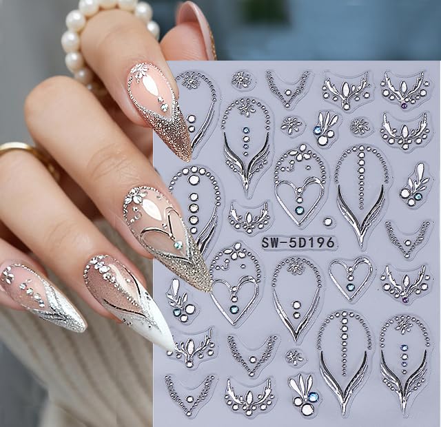 Guroenky 5D Embossed Rhinestone Nail Stickers, Silver Heart French Tip Decals