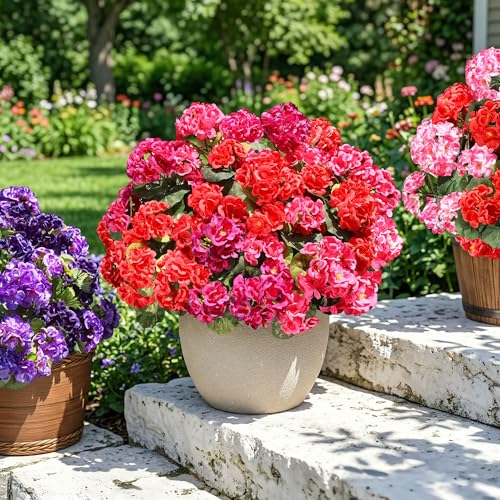 Artificial Geraniums - 6 Bundles UV Resistant Faux Flowers for Outdoor Decor