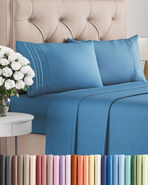 Comfy Breathable Cooling Bed Sheets Set by [Brand Name] - Full Size 4 Piece Luxury Bedding - Soft, Wrinkle-Free, Deep Pockets - Denim Blue