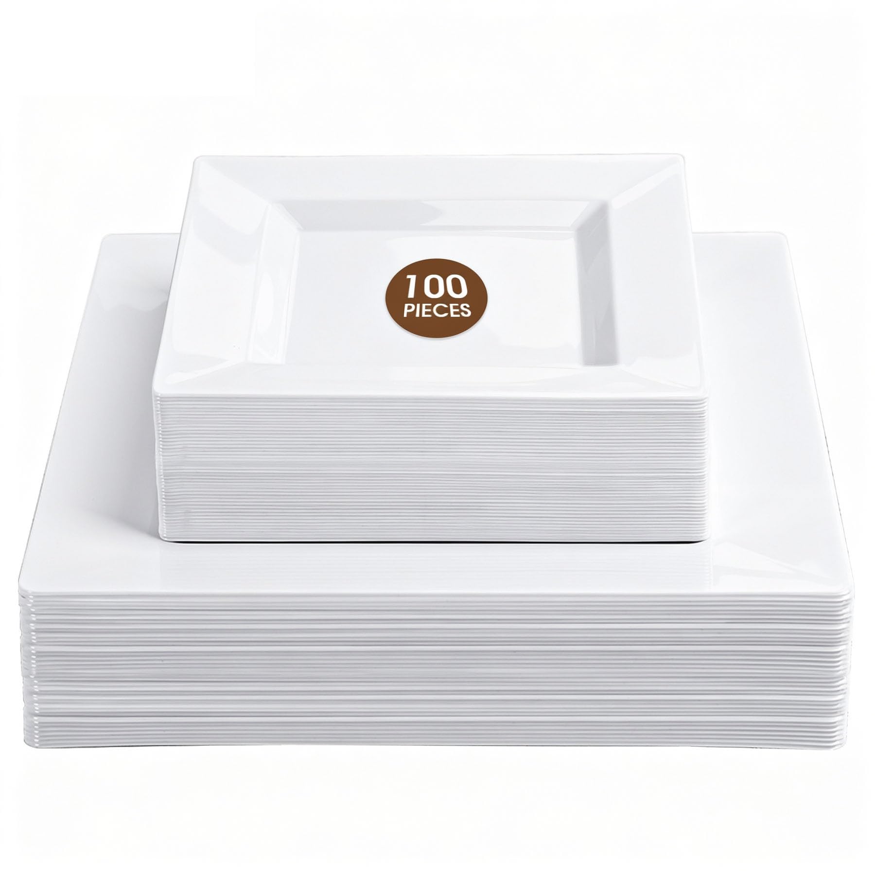 Pryntono 100 Pack White Square Plastic Plates, Includes 50 Dinner Plates 9.5" and 50 Dessert Plates 6.5", Heavy Duty Disposable Plates for Wedding, Holiday Party, Birthday, White