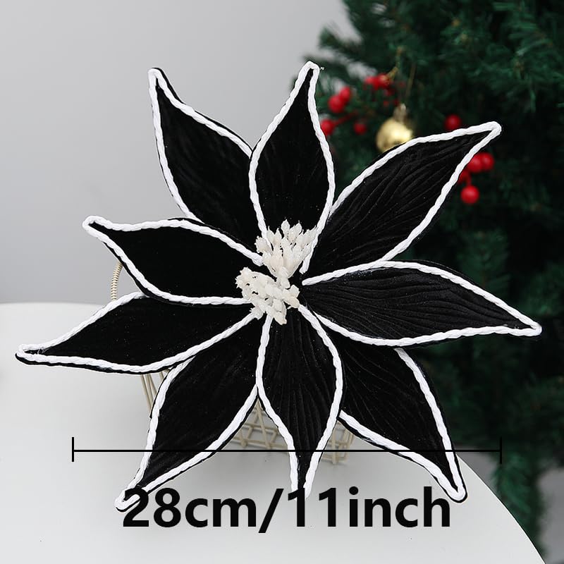 Artificial Black Poinsettia Flowers - 11 Inch Holiday Christmas Decor, Set of 4