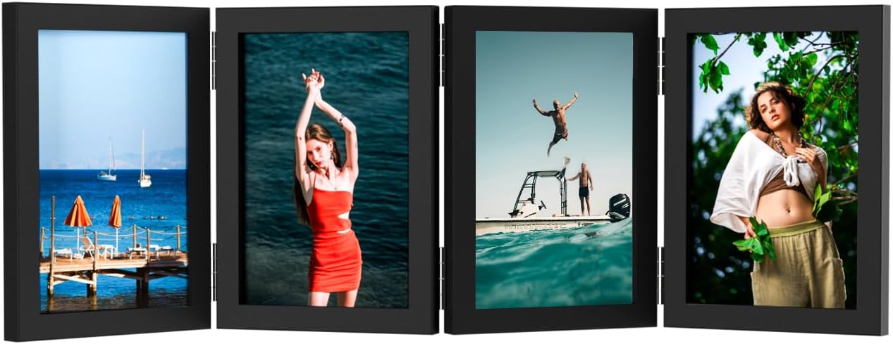 WARM&LOVE 4x6 Rustic Wood Photo Frame - Four Folding Hinged Collage Stand for Family Memories | Black