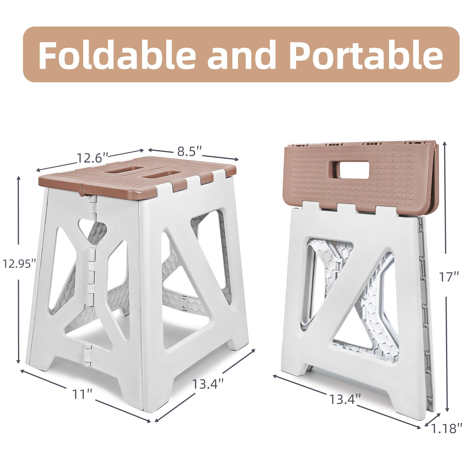 neotidy Foldable Step Stool (1 Pack), 12.9” Tall up to 300 lb Sturdy Plastic Folding Step Stool for Adults Kitchen Bathroom, Portable Small Stool Travel Foot Stool Brown